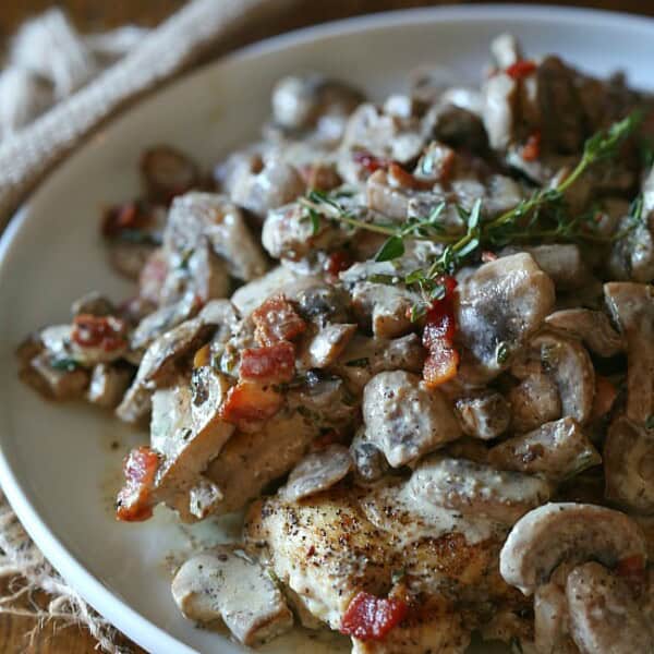 This creamy chicken bacon and mushrooms is the perfect weekday meal. Packed full of flavor and delicious when served with pasta, mashed potatoes or vegetables.