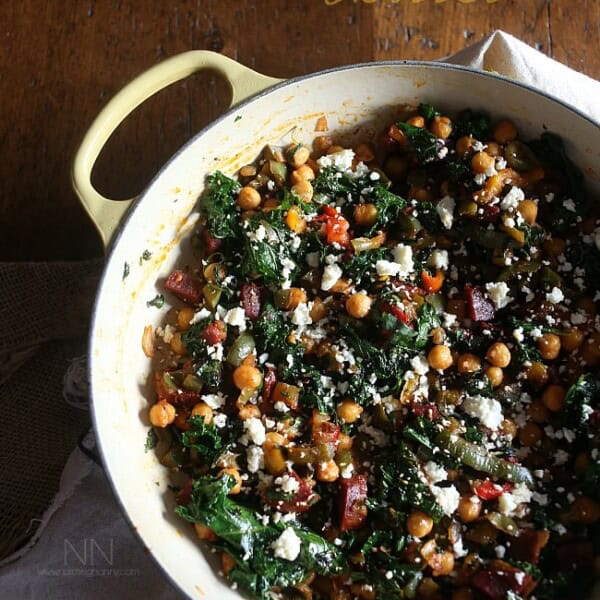 This chorizo chickpea skillet is packed full of spicy chorizo sausage, chickpeas, kale, sweet bell peppers and cotija cheese. Full of flavor, nutritious vegetables and perfect for cold winter days.