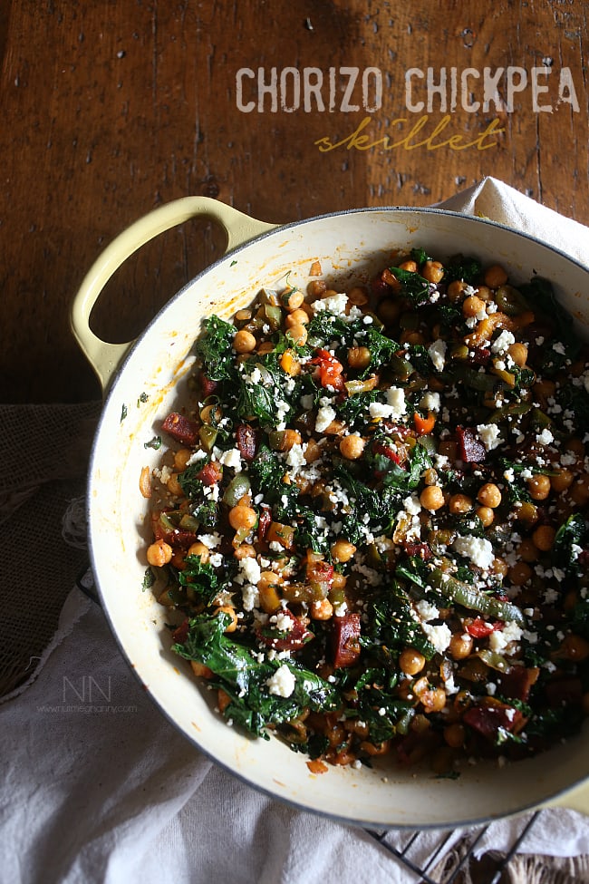 This chorizo chickpea skillet is packed full of spicy chorizo sausage, chickpeas, kale, sweet bell peppers and cotija cheese. Full of flavor, nutritious vegetables and perfect for cold winter days. This chorizo chickpea skillet is packed full of spicy chorizo sausage, chickpeas, kale, sweet bell peppers and cotija cheese. Full of flavor, nutritious vegetables and perfect for cold winter days.