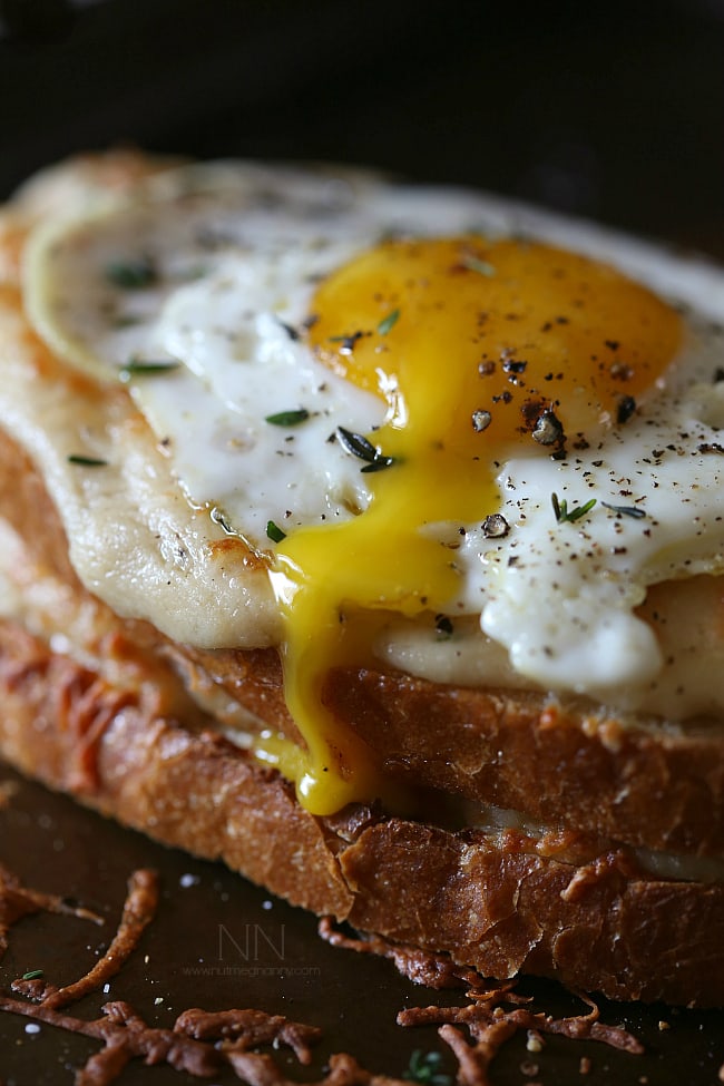 Croque Madame topped with a runny egg. 