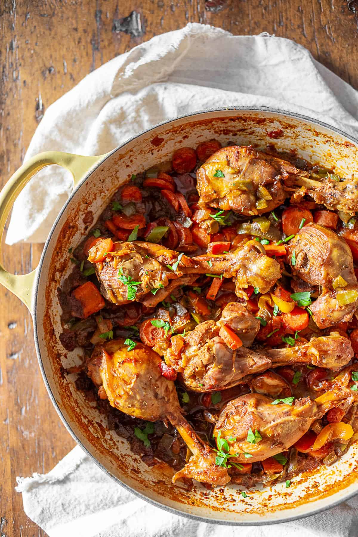 Grenadian Chicken Stew in a round casserole dish. 
