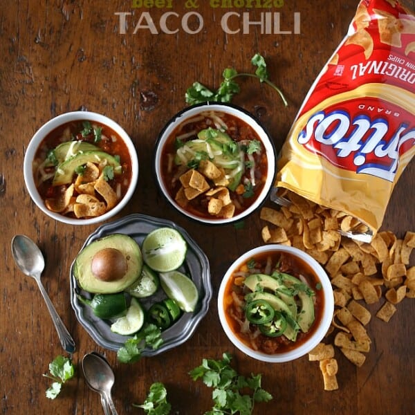 This slow cooker beef chorizo taco chili is packed full of flavor and perfect for cold winter nights. Serve topped with avocado, cheese and corn chips for the perfect filling bowl.