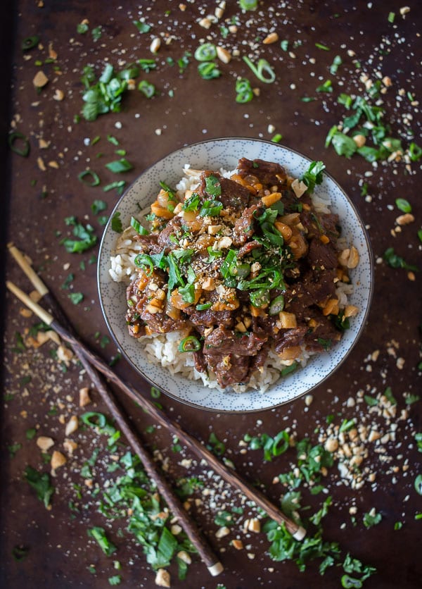 Spicy Beef with Peanuts topped with cilantro and peanuts.