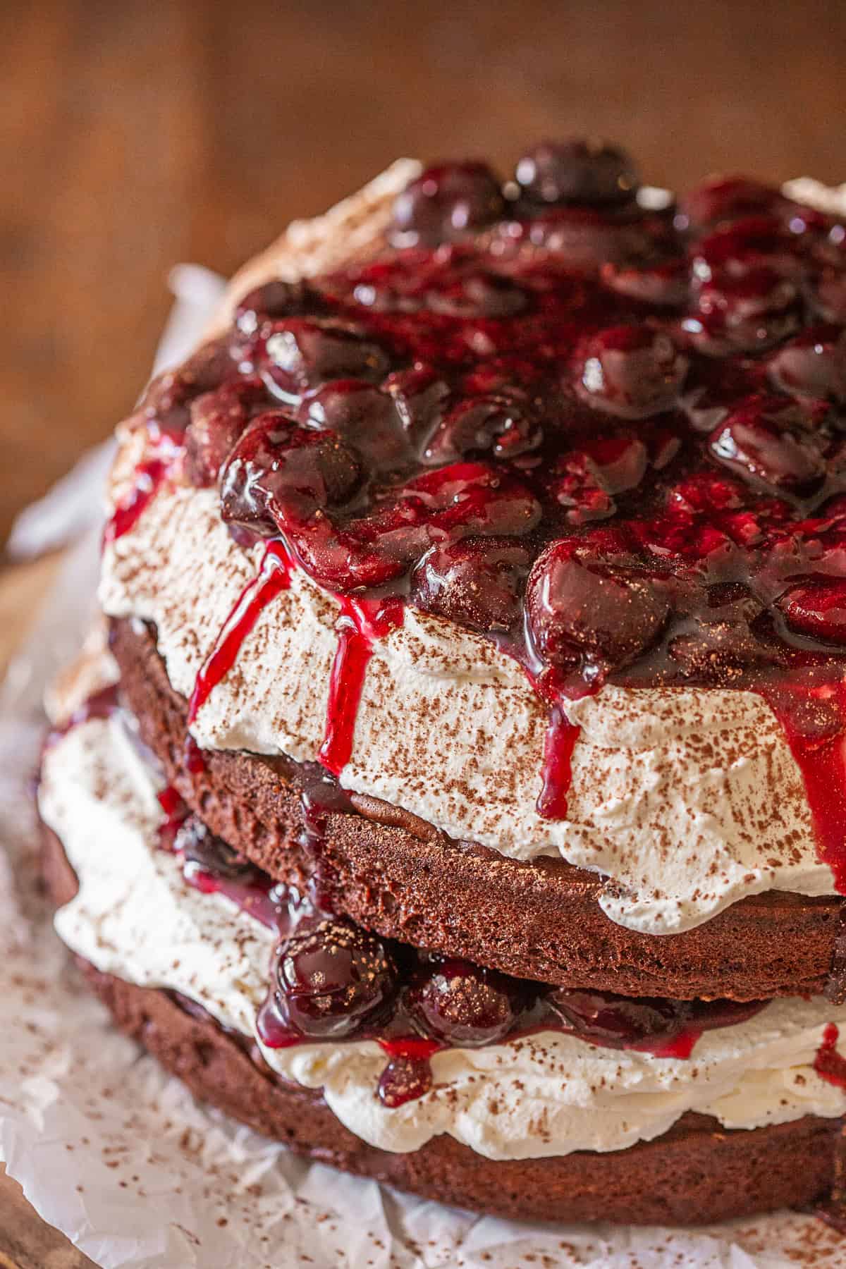 Black Forest Cake sprinkled with cocoa powder. 