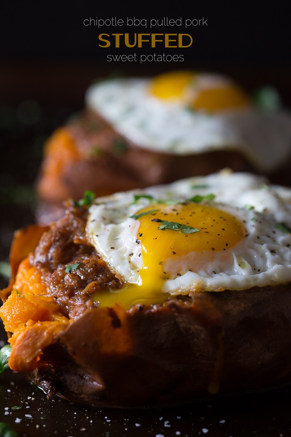 BBQ Pulled Pork Stuffed Sweet Potatoes with a runny egg.