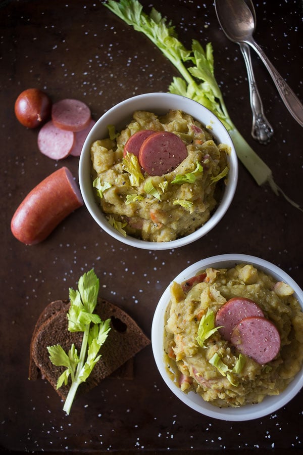 This Dutch split pea soup is perfect for cold winter nights. It's packed full of 3 different types of pork and is ready to eat in just over 2 hours.