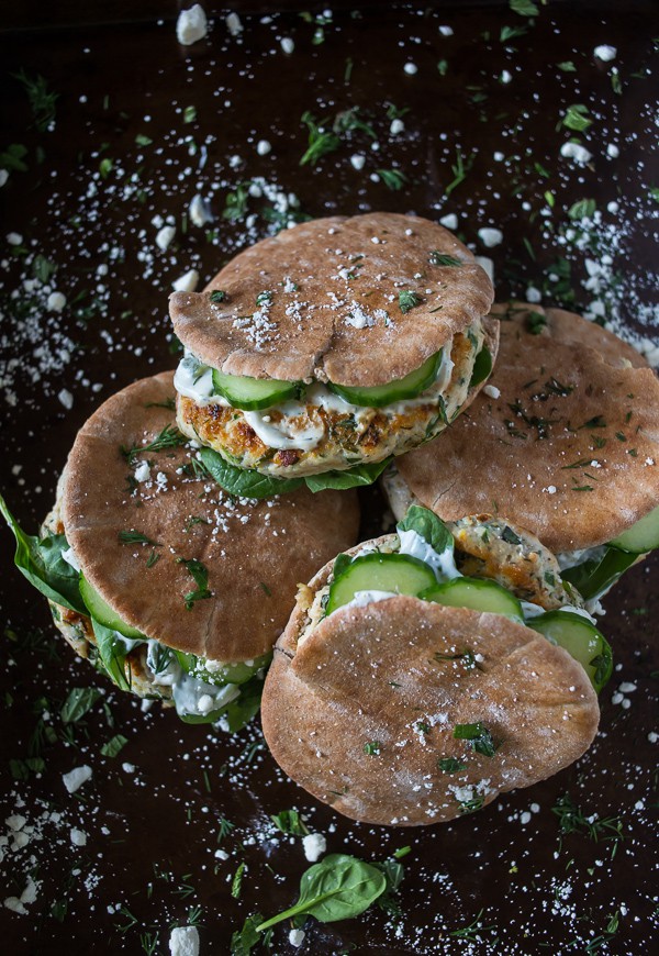 chicken souvlaki burgers in pita pockets sprinkled with feta cheese