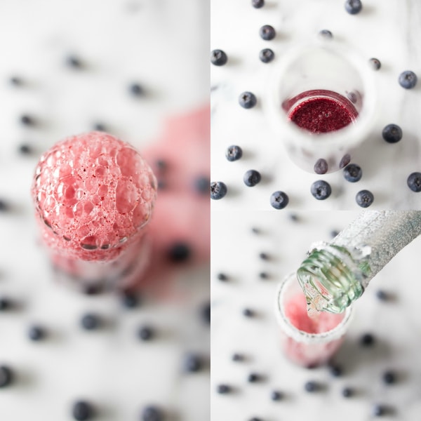 This mixed berry bellini is perfectly sweet and and packed full of blueberry and strawberry flavor. Served with a sugar rim and topped with sweet sparkling wine or prosecco.
