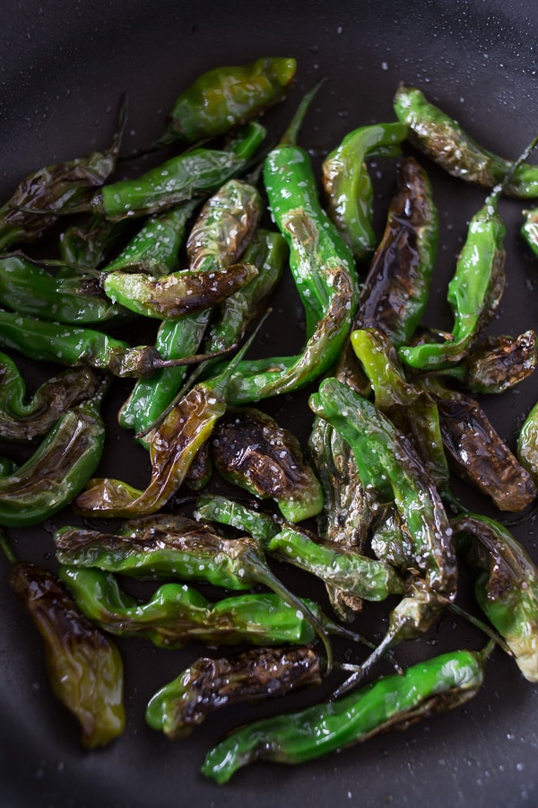 Blistered Shishito in a skillet with kosher salt.