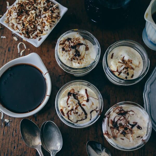 This coconut gelato affogato is the perfect way to celebrate your love of coffee and dessert. Super simple and only uses 4 ingredients! Hello delicious!
