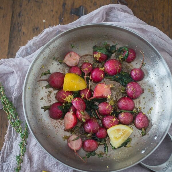 These pan roasted brown butter radishes are the perfect way to use up all those summer garden radishes. Perfectly sweet, slightly nutty and just a hint of fresh lemon.