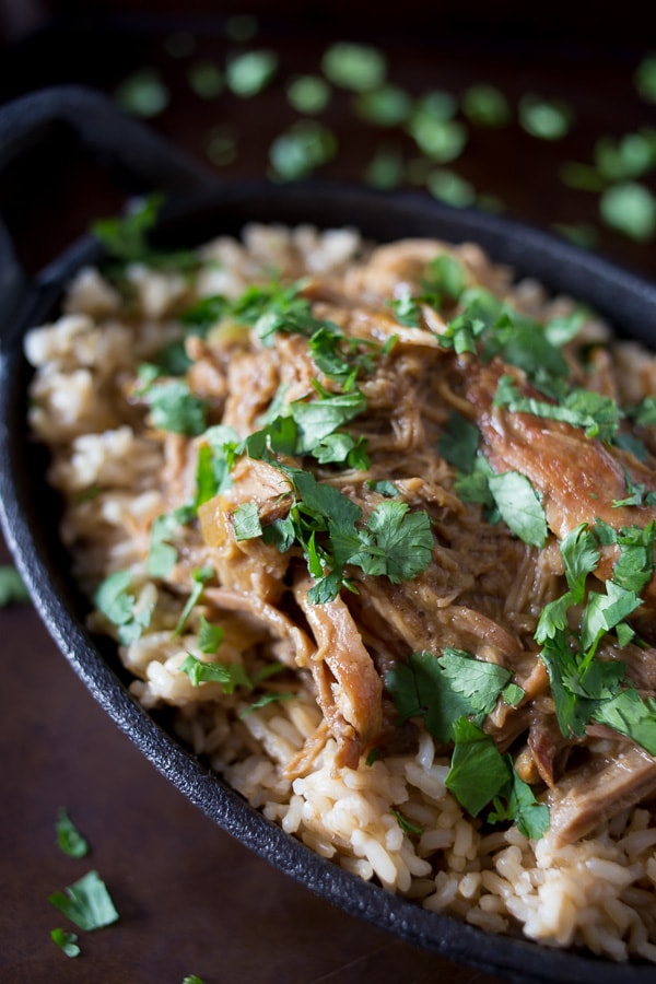 Slow Cooker Honey Mustard Pulled Pork served over rice. 