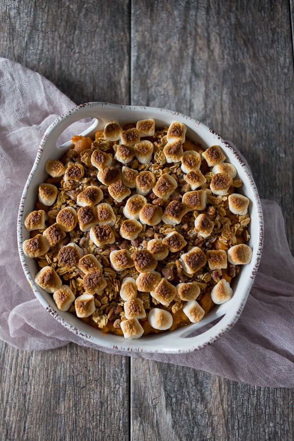 Vanilla bean sweet potato casserole in a round dish.