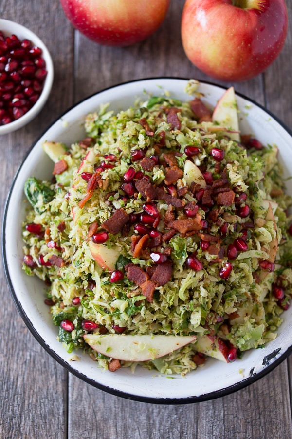 Shaved Brussels Sprout Apple Bacon Salad in a large bowl. 