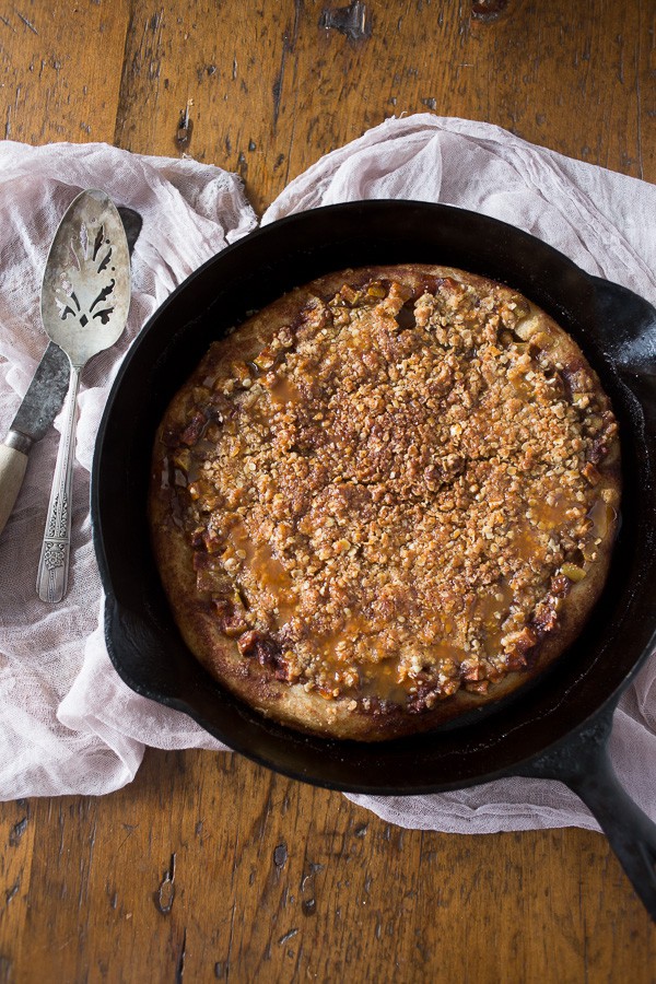 Caramel Apple Crisp Pizza in a cast iron skillet. 