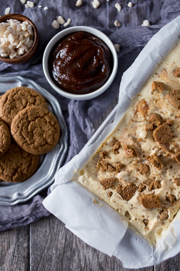 This apple butter gingersnap ice cream is the perfect fall ice cream dessert. Swirled with apple butter and packed full of gingersnaps and candied ginger.