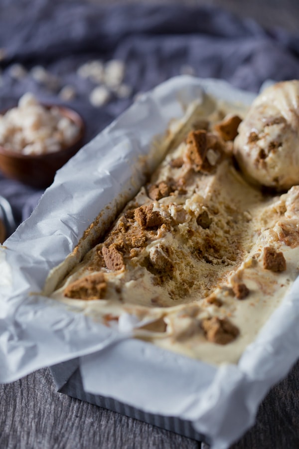 This apple butter gingersnap ice cream is the perfect fall ice cream dessert. Swirled with apple butter and packed full of gingersnaps and candied ginger.
