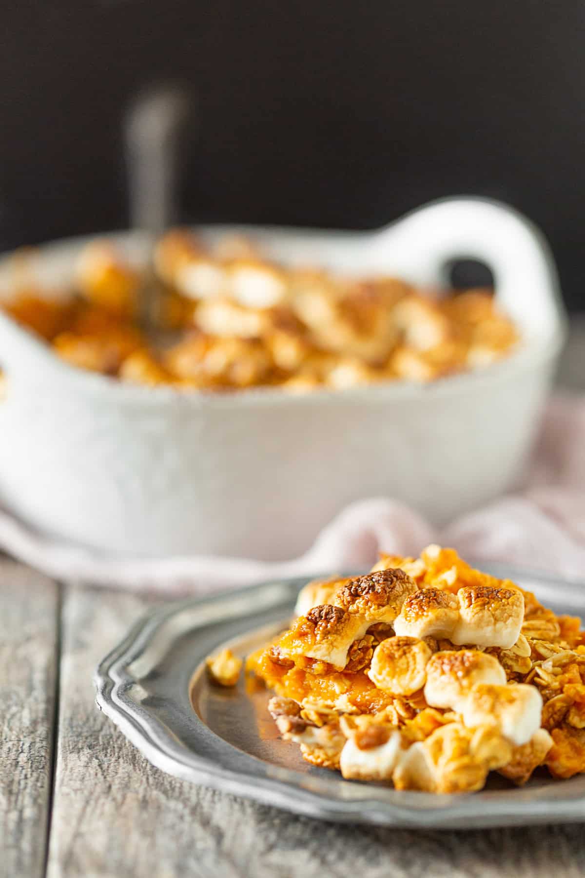 Vanilla Sweet Potato Casserole served on a small plate. 
