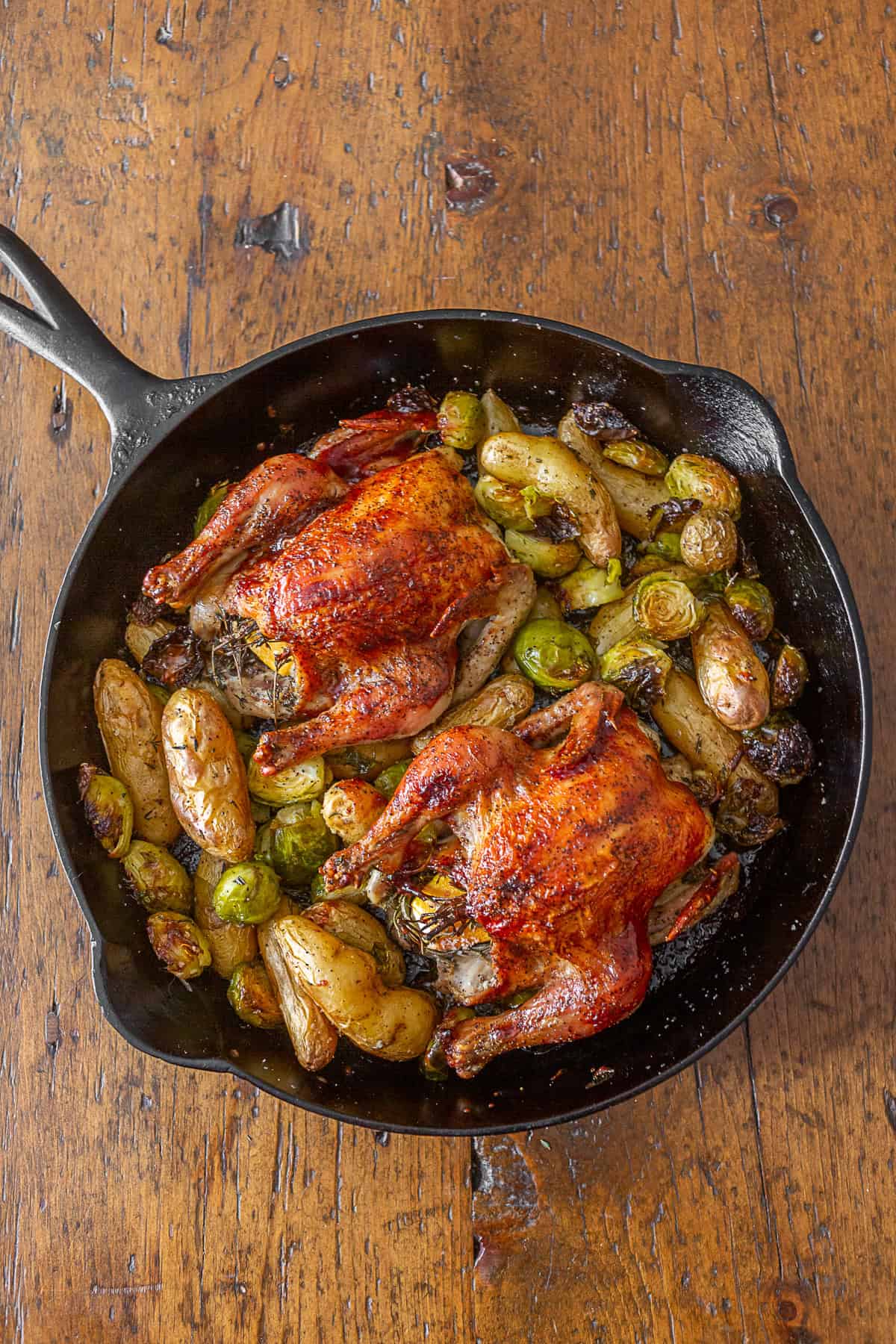 Cranberry BBQ Sauce Cornish Hens surrounded by potatoes and Brussels sprouts. 