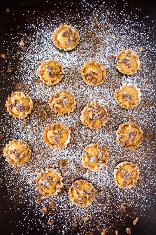 These no bake pumpkin cheesecake phyllo bites are the easiest Thanksgiving dessert ever. Fluffy spiced pumpkin cheesecake filled into crunchy phyllo shells and topped with spiced nuts. You'll love these sweet little bites!