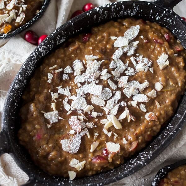 These cranberry pear baked steel cut oats are the perfect way to welcome the day. Full of delicious winter fruit flavor and hearty enough to keep you full for hours. Top with toasted nuts and a sprinkling of powdered sugar to jazz it up.