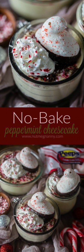 This no bake peppermint cheesecake is perfect for the holidays. Light and fluffy and topped with whipped cream, crushed peppermint candies and PEEPS.