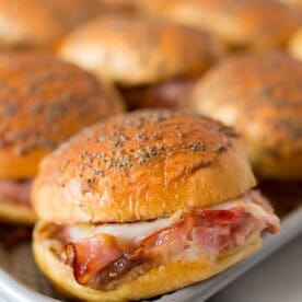 baked apple butter ham and cheese sliders in the baking tray