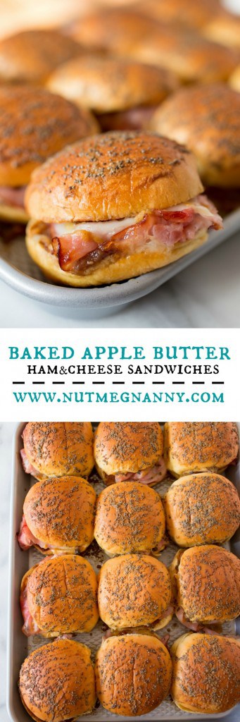 Baked apple butter ham and cheese party sandwiches.