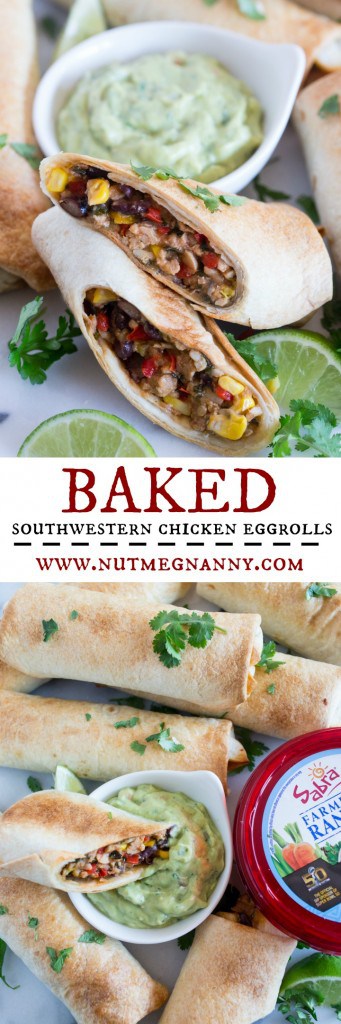 These baked Southwestern chicken egg rolls taste just like the ones you get at Chili's but without all the deep fried calories because they're baked! Perfect when served with guacamole ranch Greek yogurt dip. These baked Southwestern chicken egg rolls taste just like the ones you get at Chili's but without all the deep fried calories because they're baked! Perfect when served with guacamole ranch Greek yogurt dip.