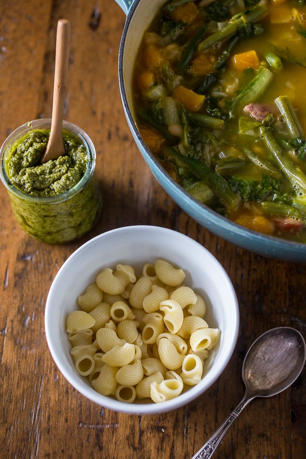 This butternut squash minestrone soup is the perfect winter meal. It's packed full of hearty vegetables and ham. 