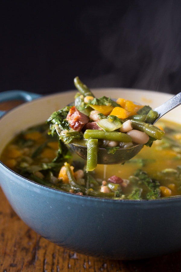 This butternut squash minestrone soup is the perfect winter meal. It's packed full of hearty vegetables and ham and ready in just about an hour!