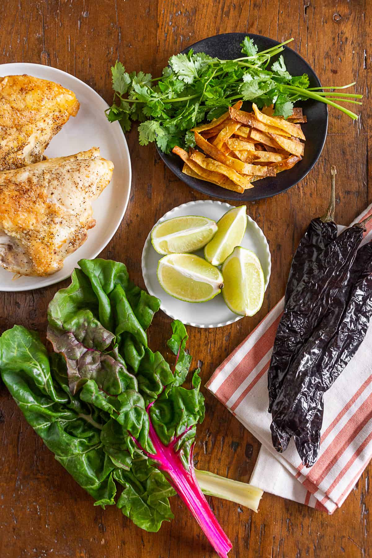 all the ingredients used for chicken and chard tortilla soup