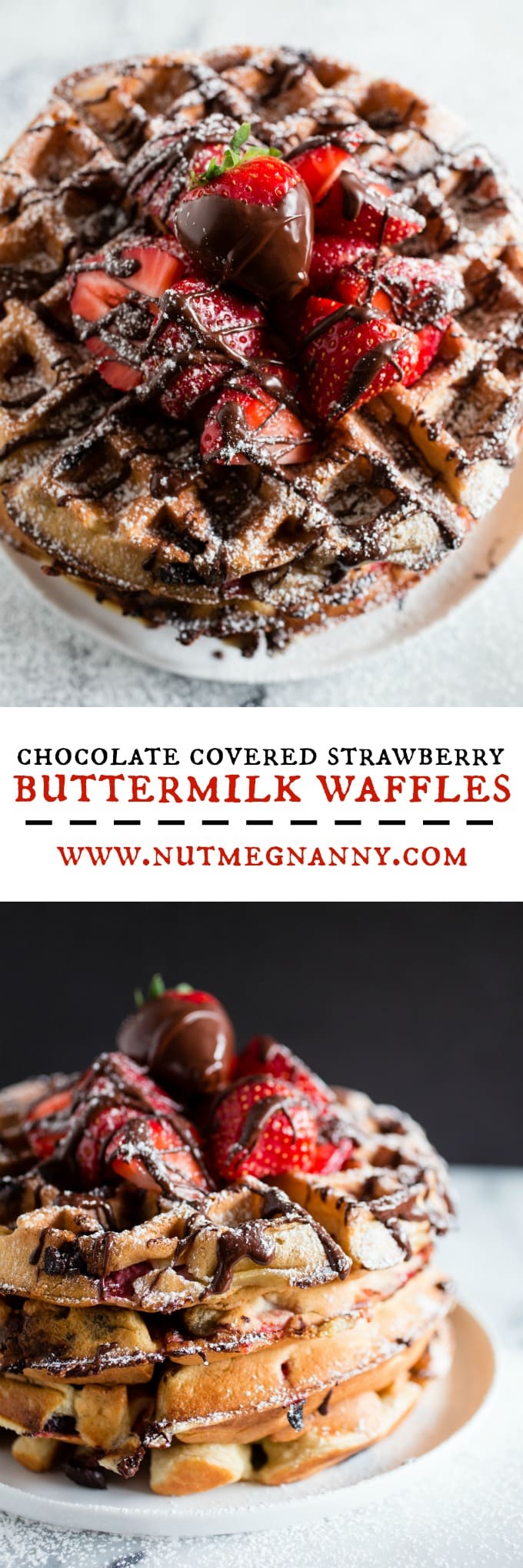 These chocolate covered strawberry buttermilk waffles are the best breakfast you will ever have! Fresh berries tucked inside a fluffy buttermilk waffle and then drizzled with melted chocolate. How can you not love that?