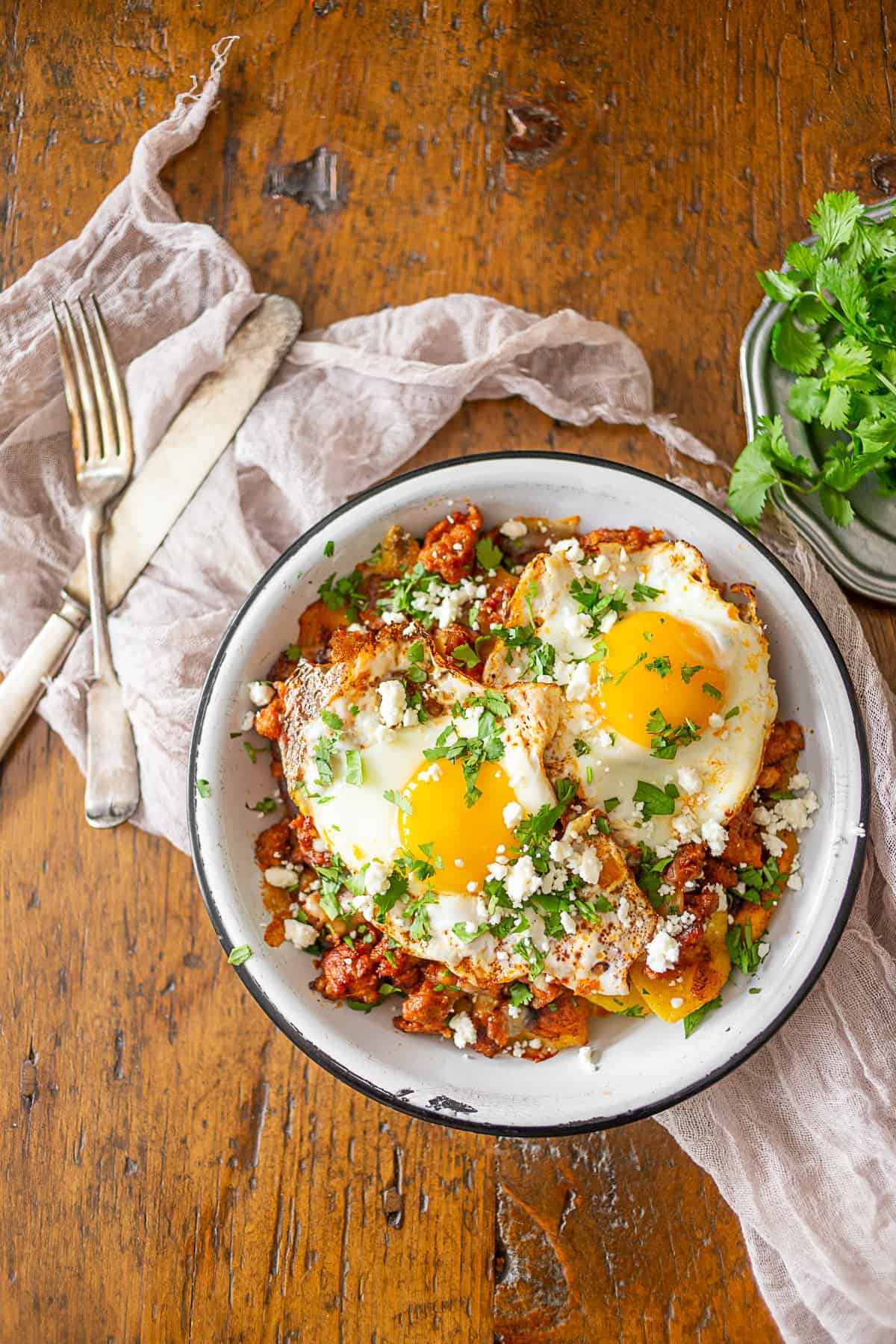 Chorizo Breakfast Hash topped with cilantro.