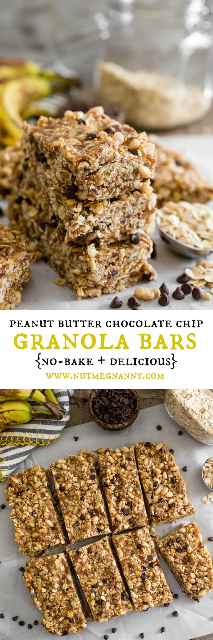 These no-bake peanut butter banana chocolate chip granola bars are the perfect snack or breakfast. Packed full of flavor and prepared in under 20 minutes!