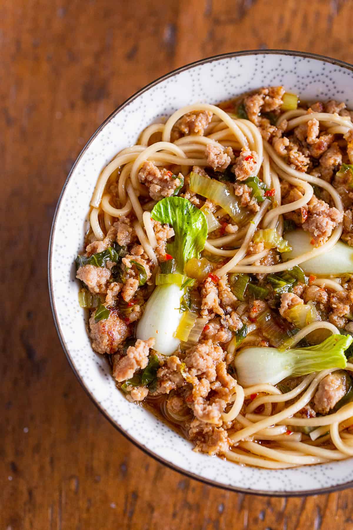 Spicy Pork Noodle Bowl in a large bowl.