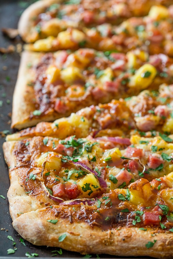 BBQ Hawaiian Pizza on a serving tray. 