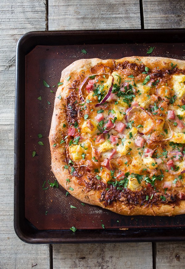 BBQ Hawaiian Pizza on a sheet pan. 