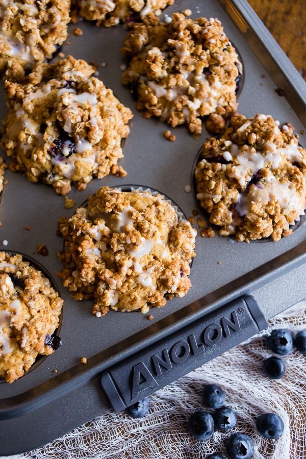 Blueberry Lemon Thyme Muffins in the muffin tin. 