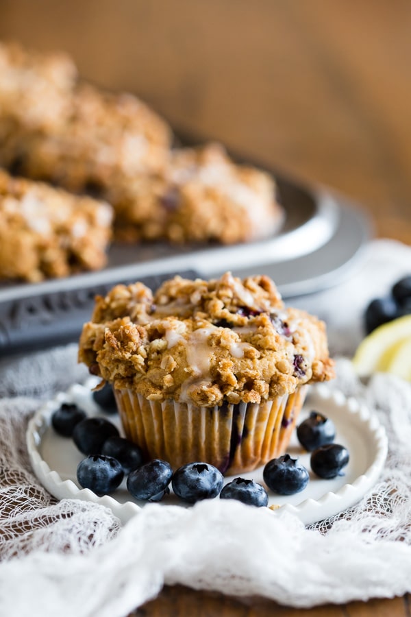 Blueberry Lemon Thyme Muffins on a plate. 