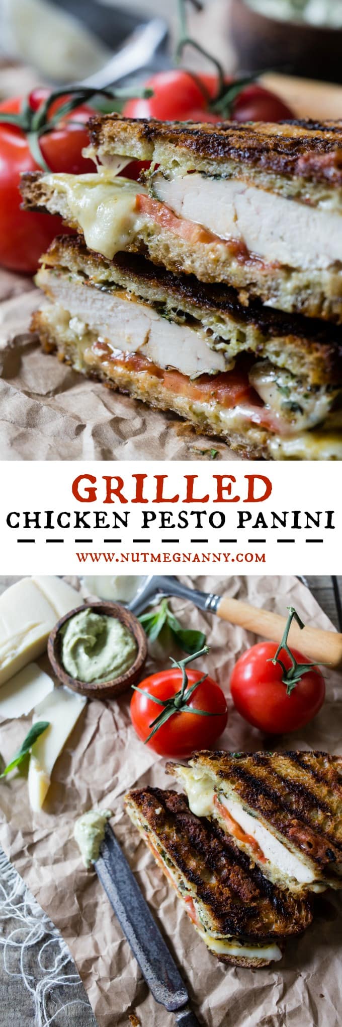 This grilled chicken pesto panini is a quick and easy weeknight meal. Made with grilled marinated chicken, sharp provolone cheese, pesto mayonnaise and ripe tomatoes. You'll love this sandwich so much you'll want to make it every single week!