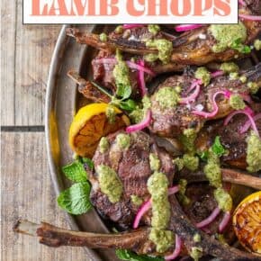Grilled Lamb Chops with Pistachio Mint Pesto pin for Pinterest.
