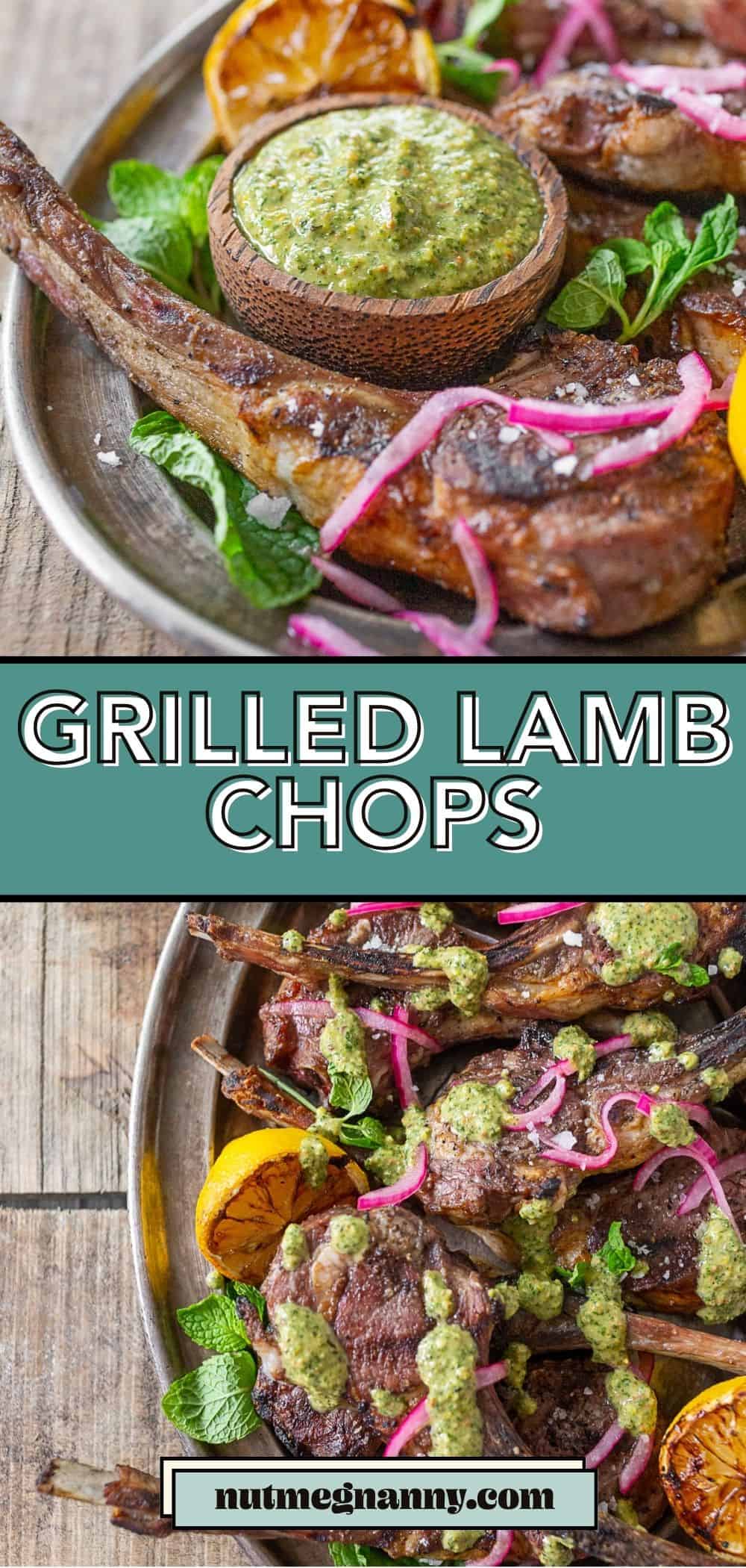 Grilled Lamb Chops with Pistachio Mint Pesto pin for Pinterest.