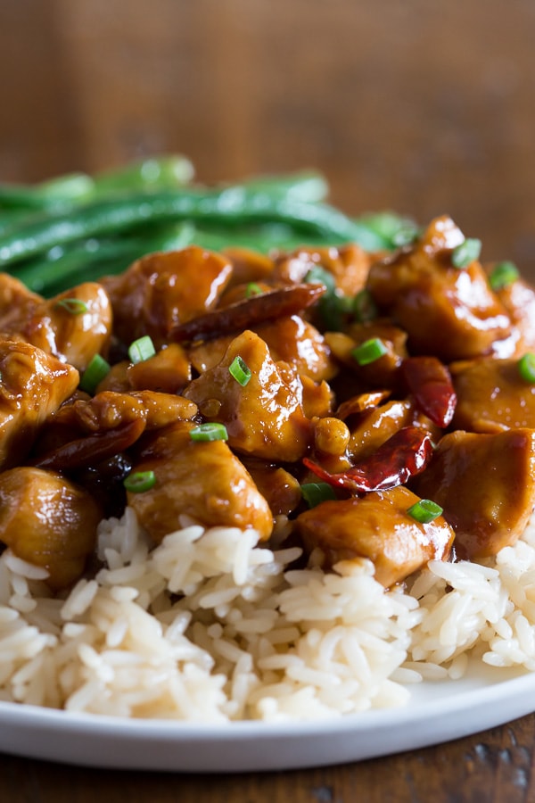 Healthier General Tso's Chicken served with rice.
