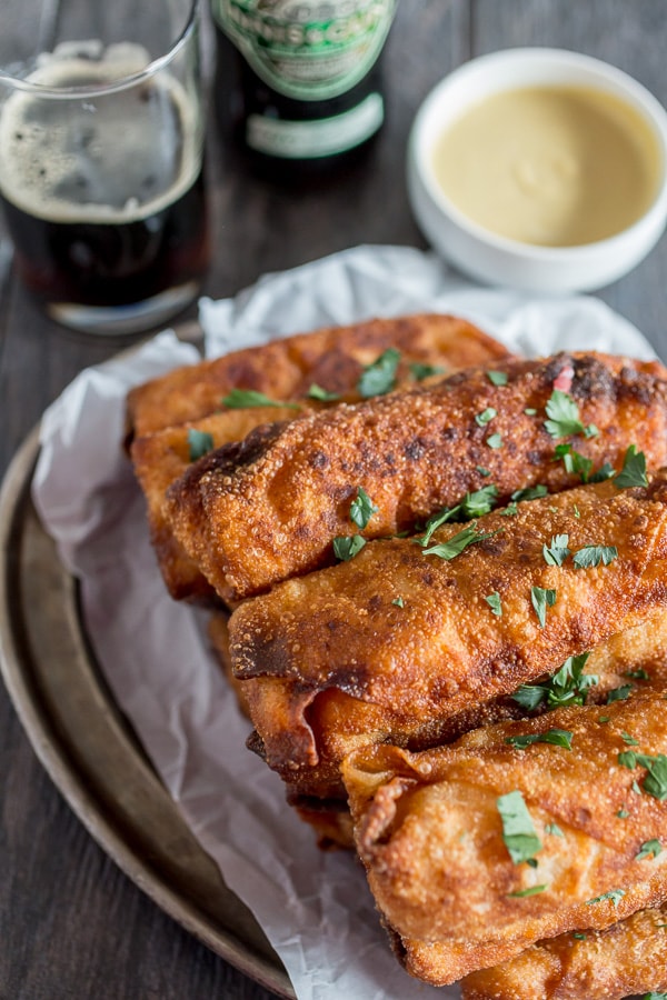 Reuben Egg Rolls on a platter. 