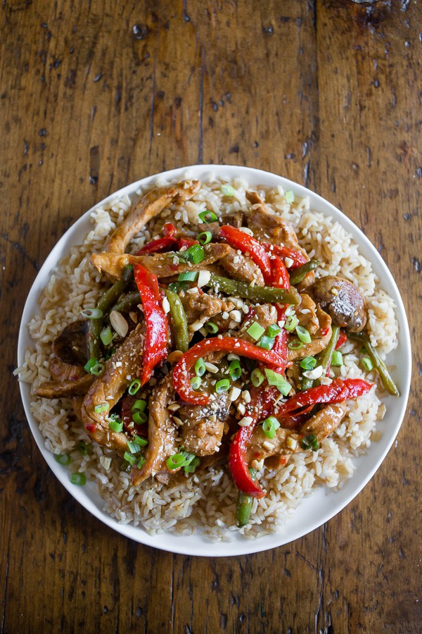 Spicy Garlic Pork Stir Fry on a white plate.
