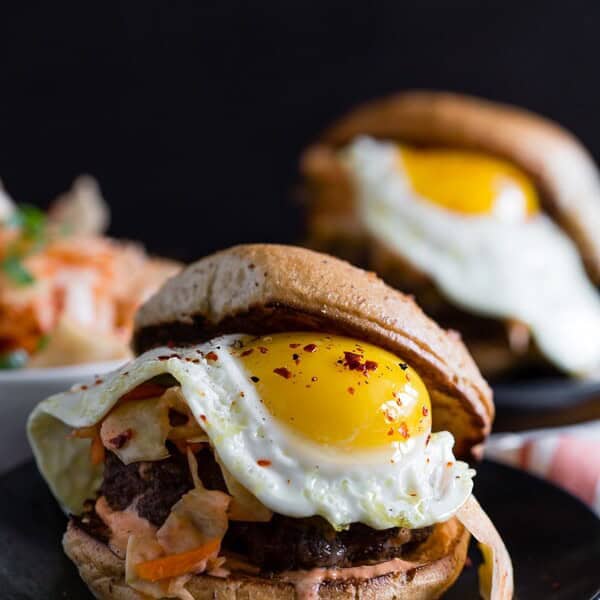 This kimchi burger is topped with a fried egg and TONS of kimchi. You'll love all the flavor that is PACKED into these burgers! Say goodbye to boring burgers.
