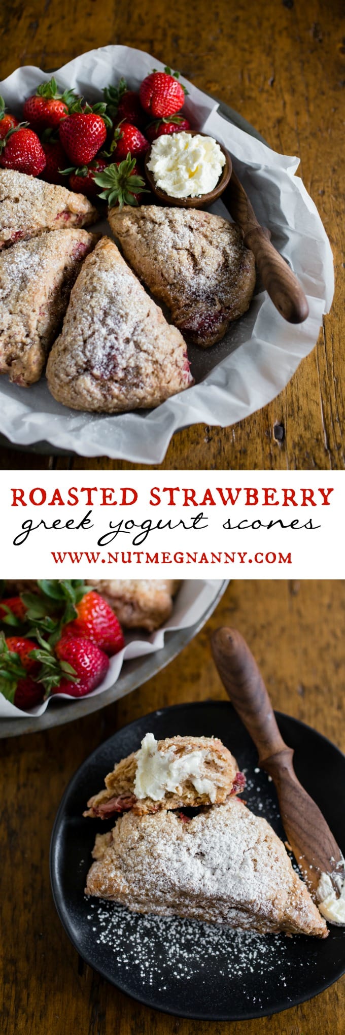These roasted strawberry Greek yogurt scones are packed full of fresh roasted berries, vanilla Greek yogurt and made with white whole wheat flour! So easy to make and perfect for a lazy Sunday breakfast treat.