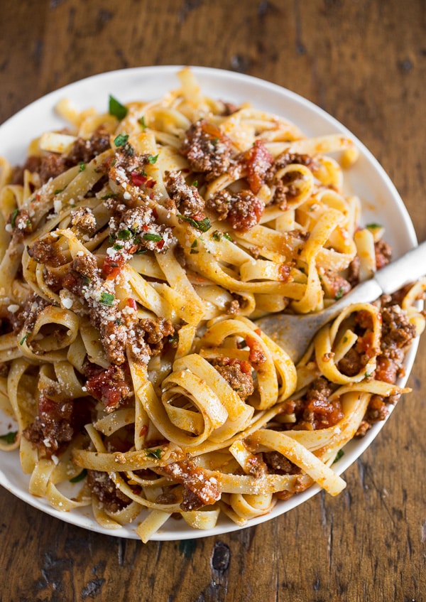 Slow Cooker Parmesan Meat Sauce over pasta.