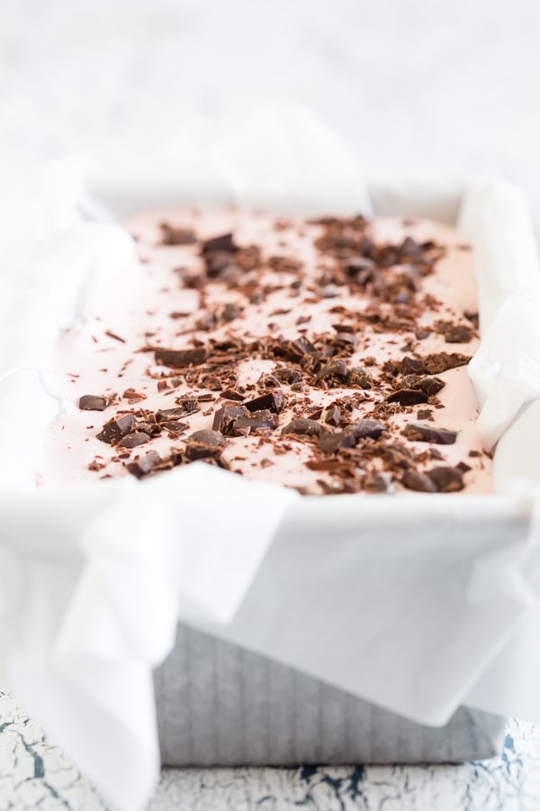 Raspberry Chocolate Chip Ice Cream in a pan. 